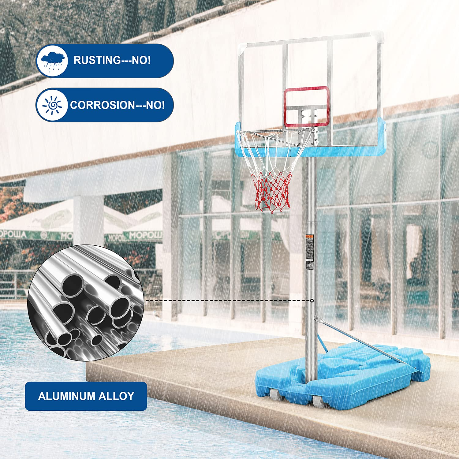 Load image into Gallery viewer, Poolside Basketball Hoop System Portable Swimming Pool Basketball Goal Set Game Stand Adjustable Height 47’’-79’’ Outdoor Indoor for Kid Adult W PVC Shatterproof Backboard Basketball Rim Net
