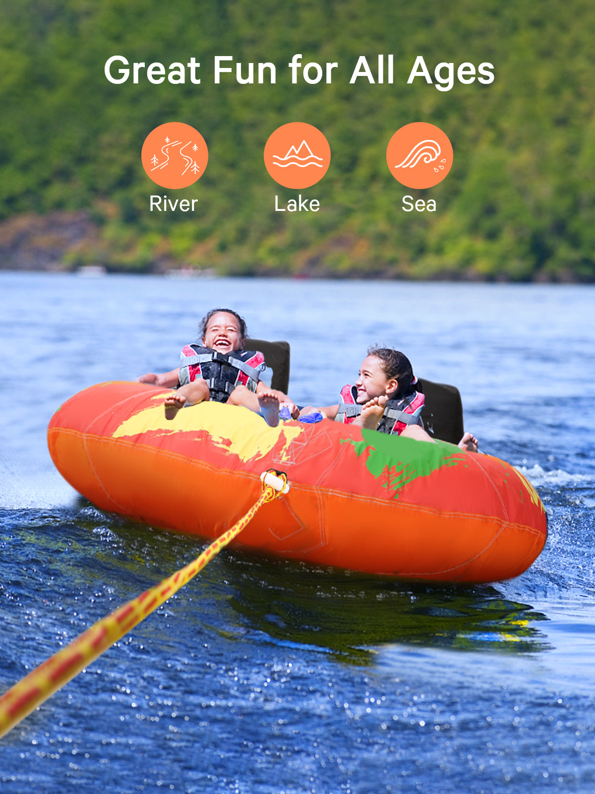 Load image into Gallery viewer, Towable Tube for Boating 2 Rider for Youth &amp; Adult Have Fun in Outdoor - Orange

