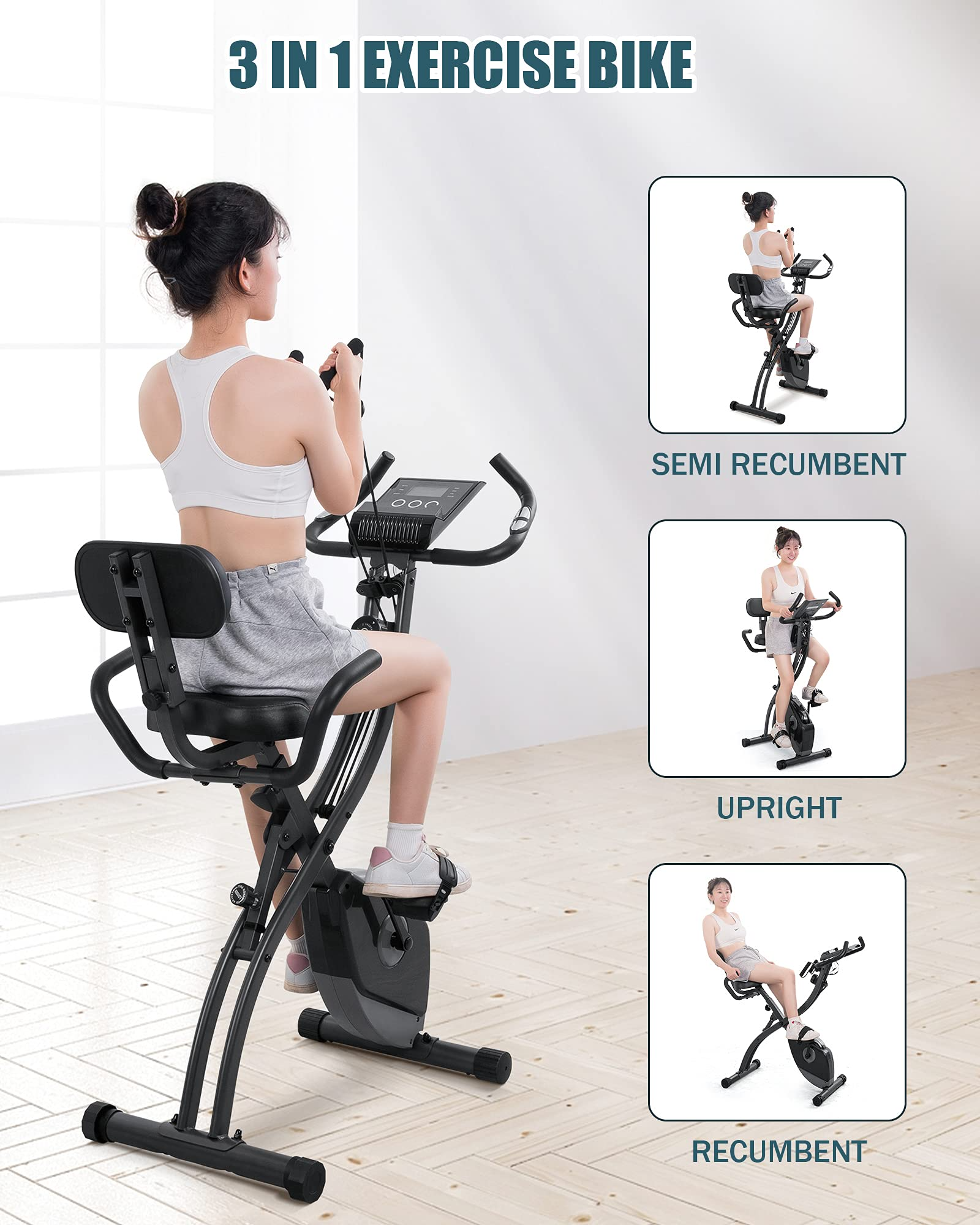 Load image into Gallery viewer, Exercise Bike Folding Stationary Bike Magnetic Recumbent 3-in-1 Cycling Slim Bike with Arm Resistance Bands &amp; LCD Monitor for Men and Women Indoor Outdoor

