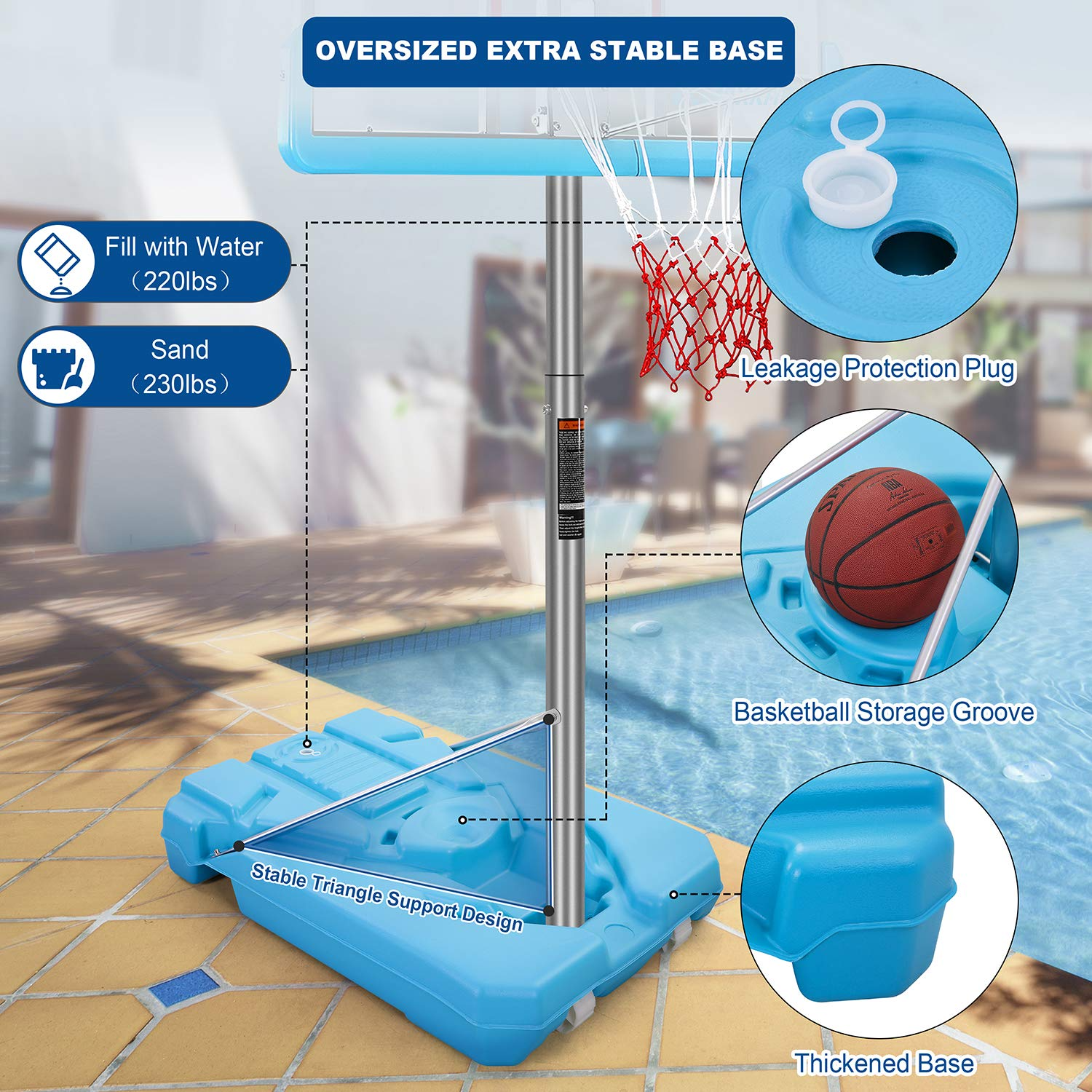 Load image into Gallery viewer, Poolside Basketball Hoop System Portable Swimming Pool Basketball Goal Set Game Stand Adjustable Height 47’’-79’’ Outdoor Indoor for Kid Adult W PVC Shatterproof Backboard Basketball Rim Net
