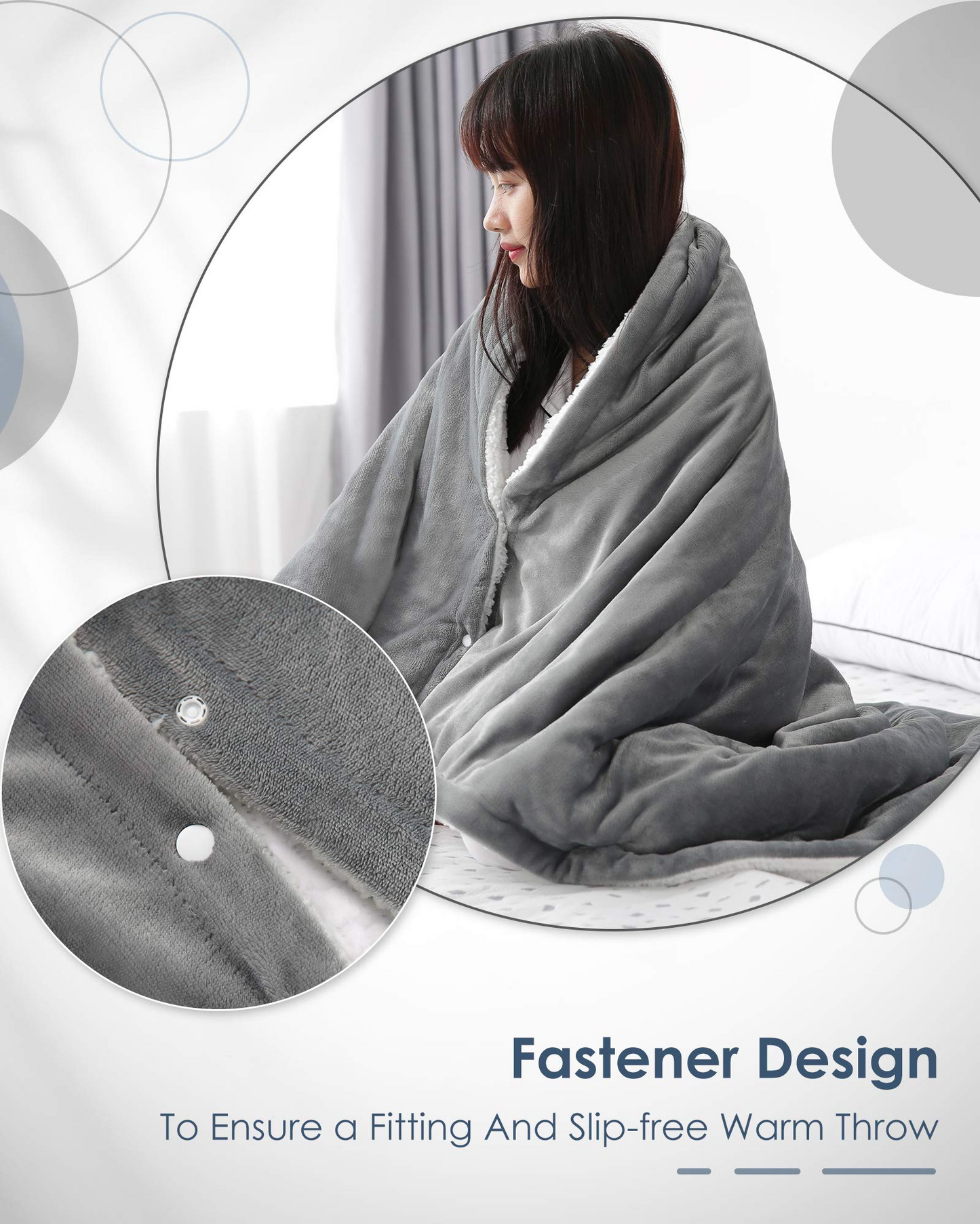 Electric Blanket Heated Throw 50" x 60", Flannel & Sherpa, Fast Heating, ETL Certification with 6 Heating Levels & 5 Hours Timing Settings, Auto-Off, Machine Washable, Gray