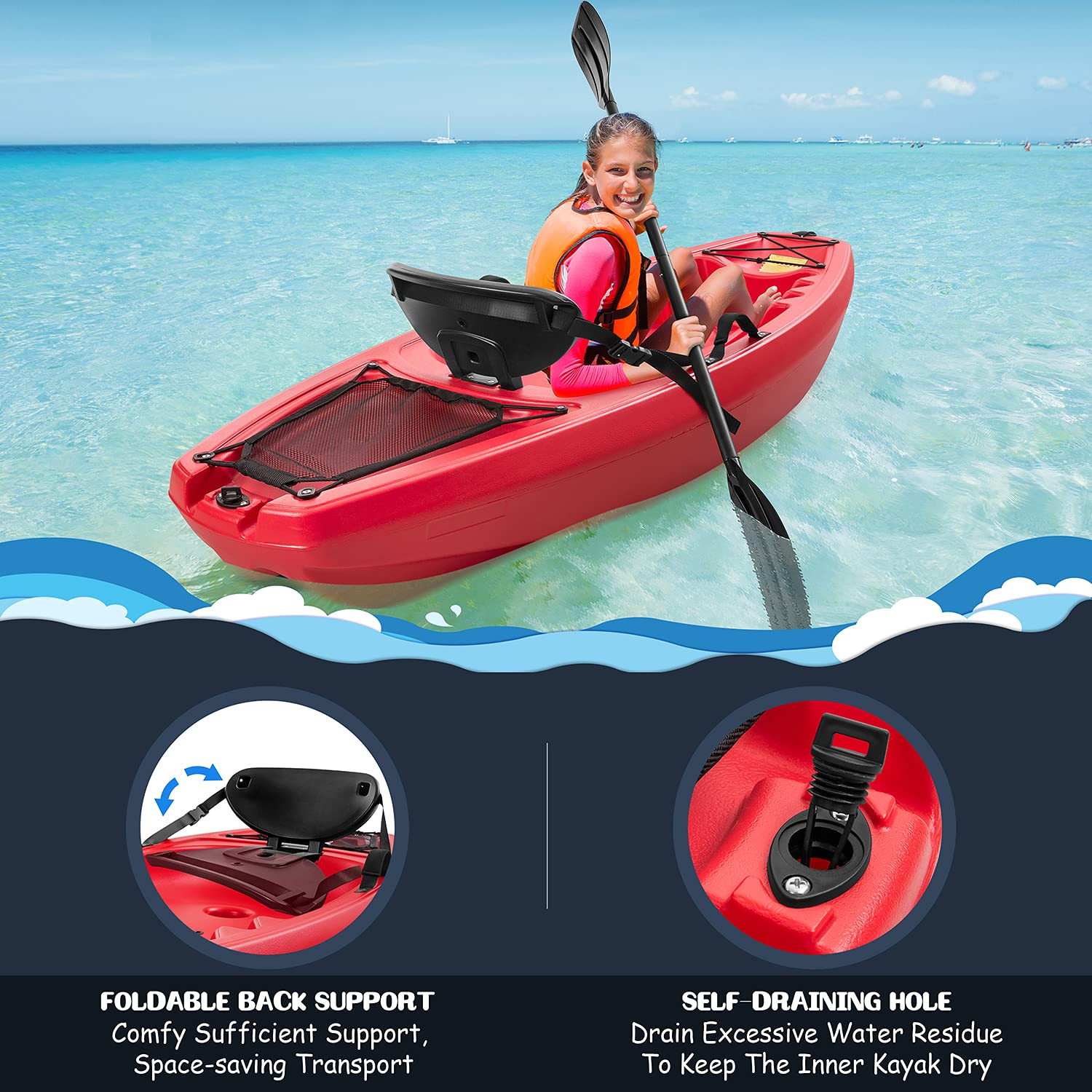 Load image into Gallery viewer, Kids Kayak Youth Kayak with Paddle Weight Capacity of 121 lbs Foldable Back Rest Cup Holders Storage Hatches
