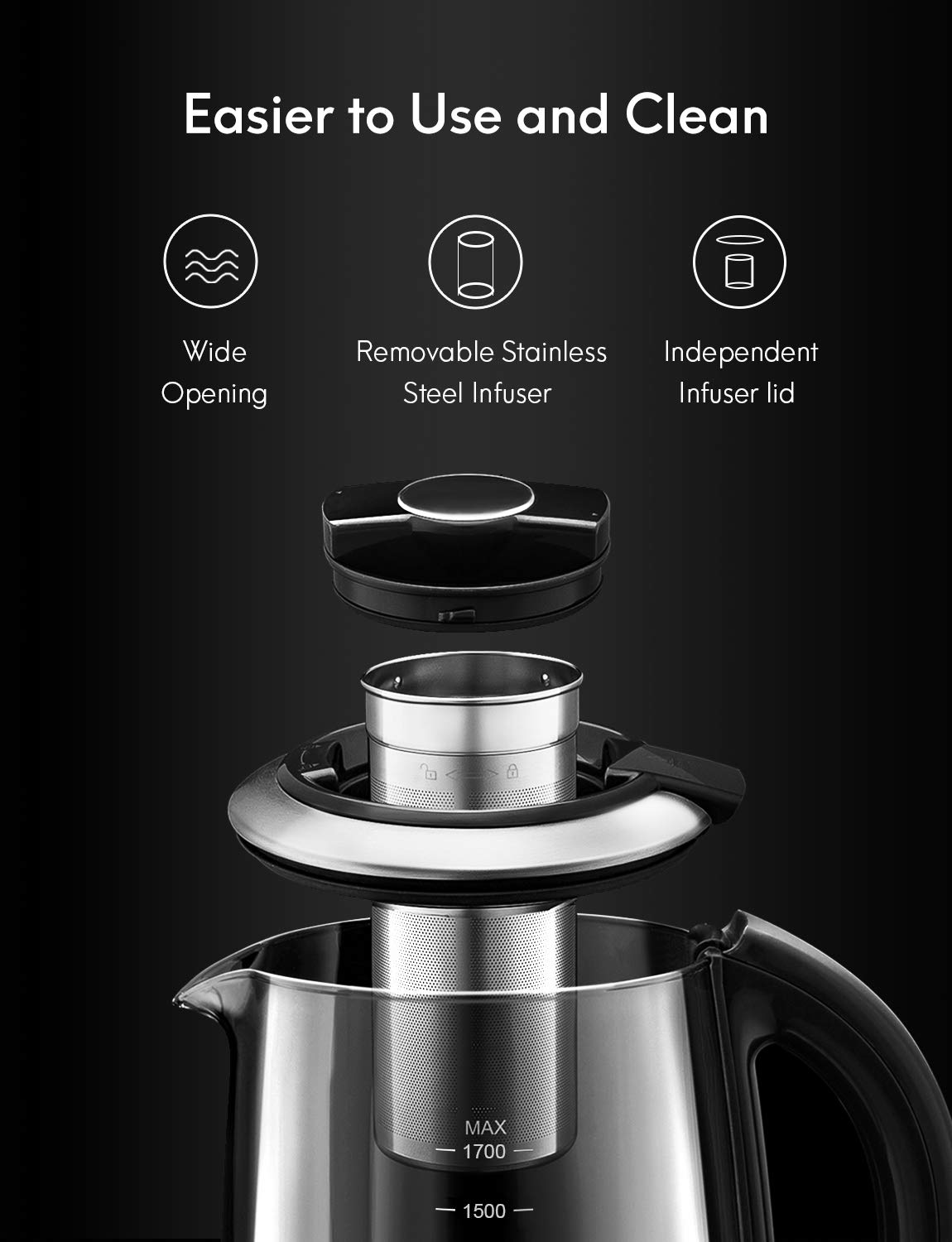 Load image into Gallery viewer, Electric tea kettle 1.7L glass teapot, Smart tea maker with level temperature control, 100% stainless steel inner lid, Heat transfer unit &amp; bottom, Auto off &amp; Anti-boil protection Boiling, BPA free
