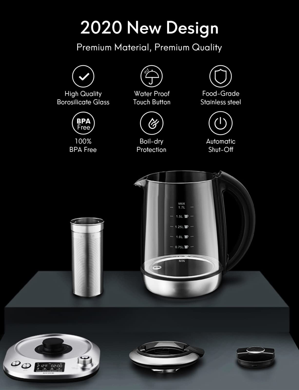 Electric tea kettle 1.7L glass teapot, Smart tea maker with level temp –  MARNUR