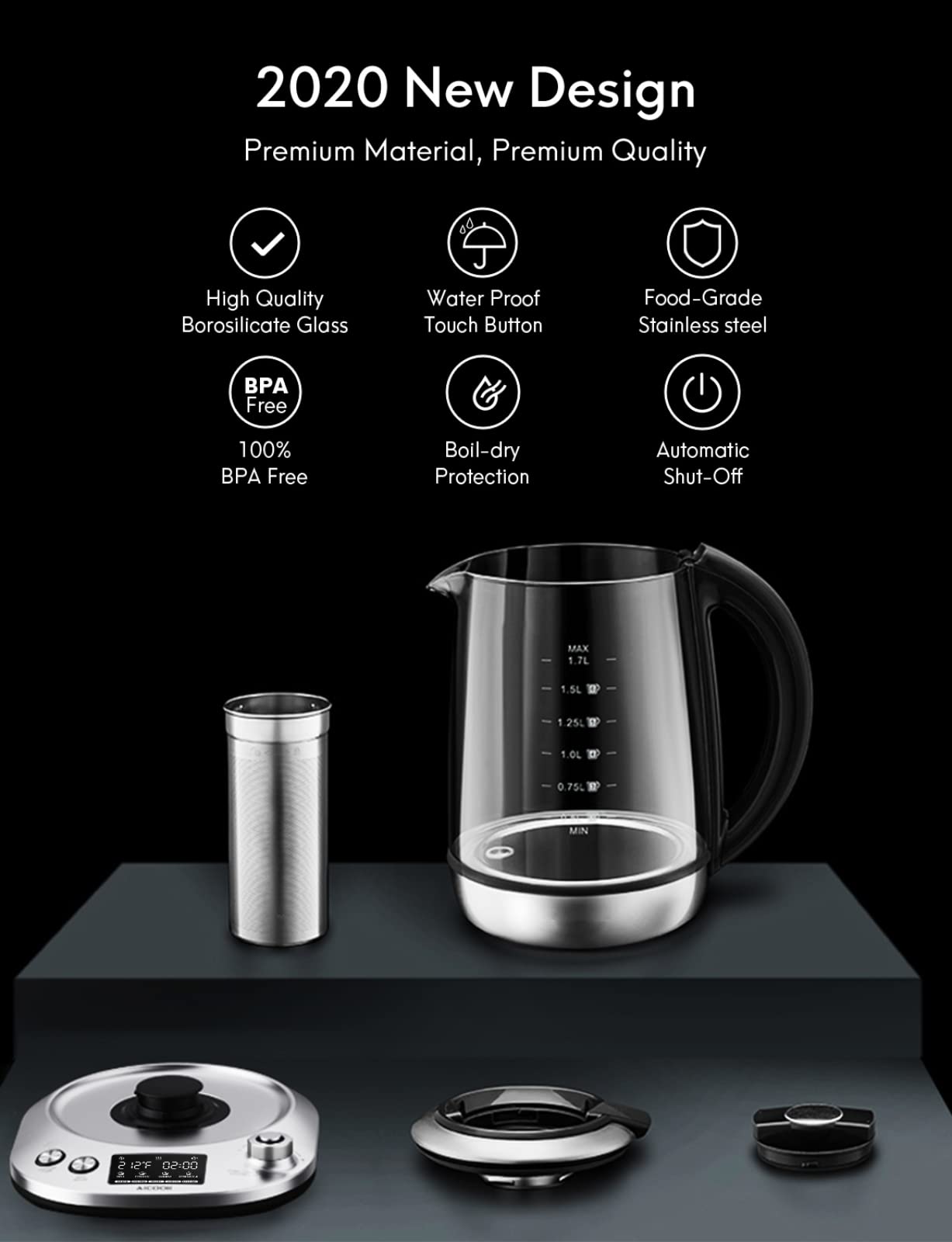 Load image into Gallery viewer, Electric tea kettle 1.7L glass teapot, Smart tea maker with level temperature control, 100% stainless steel inner lid, Heat transfer unit &amp; bottom, Auto off &amp; Anti-boil protection Boiling, BPA free
