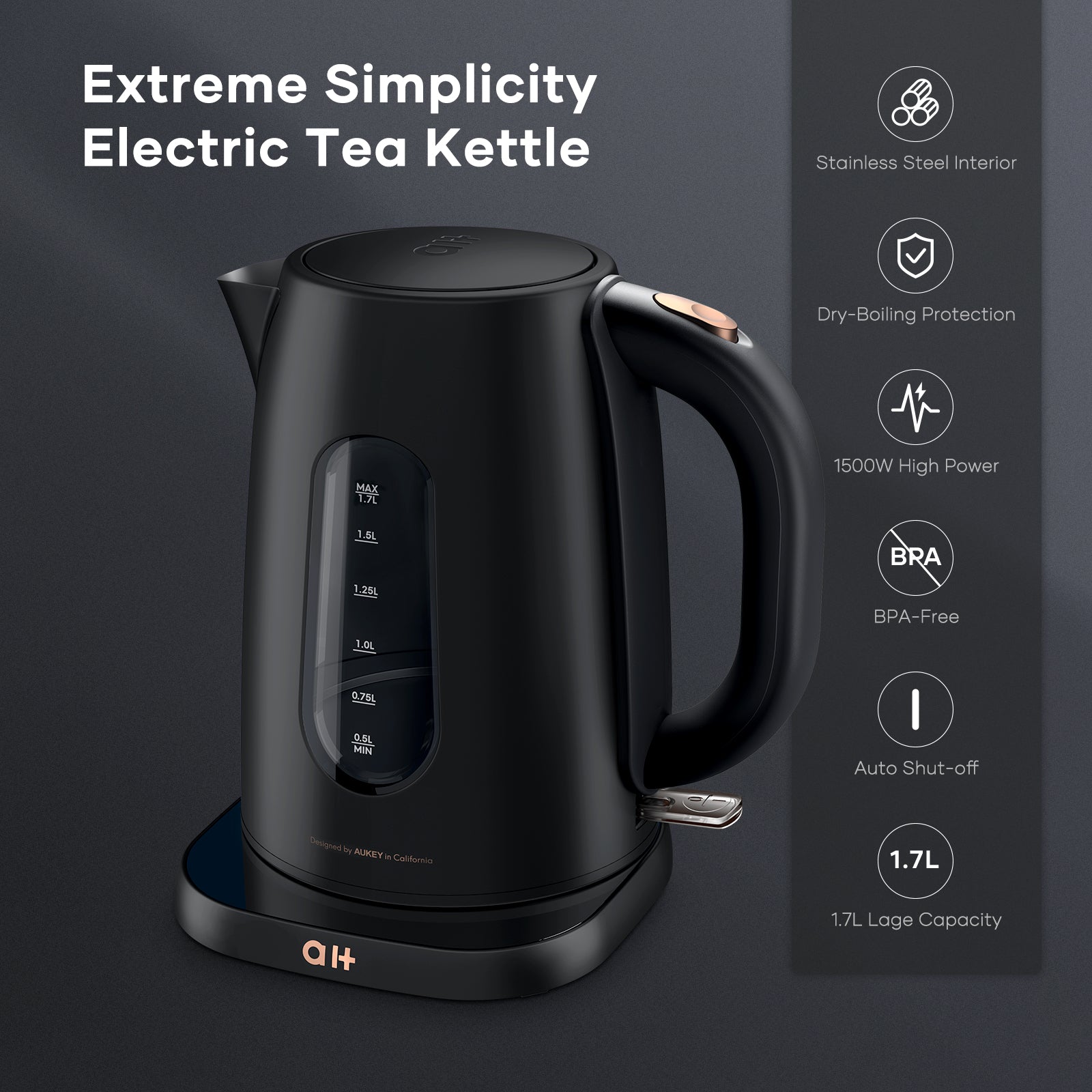 Load image into Gallery viewer, Electric Kettle for Boiling Water, 1.7L, 100% Stainless Steel Electric Tea Kettle with Overheating &amp; Dry-Boiling Protection &amp; Auto Shut-Off &amp; Anti-Scalding Exterior &amp; Cool Touch- Black
