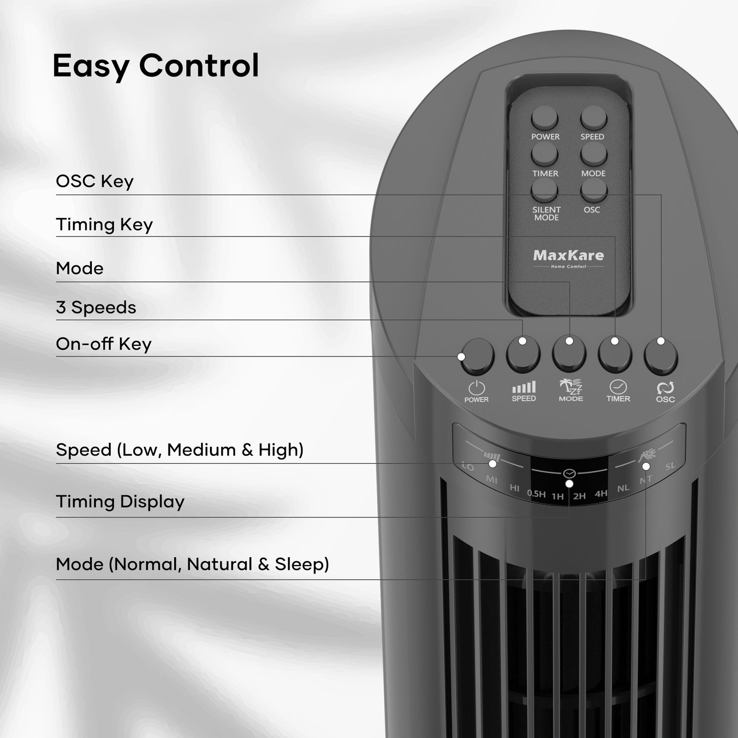 MaxKare 30" Tower Fan 70° Oscillating Fan Quiet Cooling Fan with Remote Control 3 Speeds 3 Wind Modes, 7.5H Timer for Bedroom, Dark Gray
