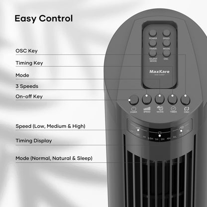 MaxKare 30" Tower Fan 70° Oscillating Fan Quiet Cooling Fan with Remote Control 3 Speeds 3 Wind Modes, 7.5H Timer for Bedroom, Dark Gray