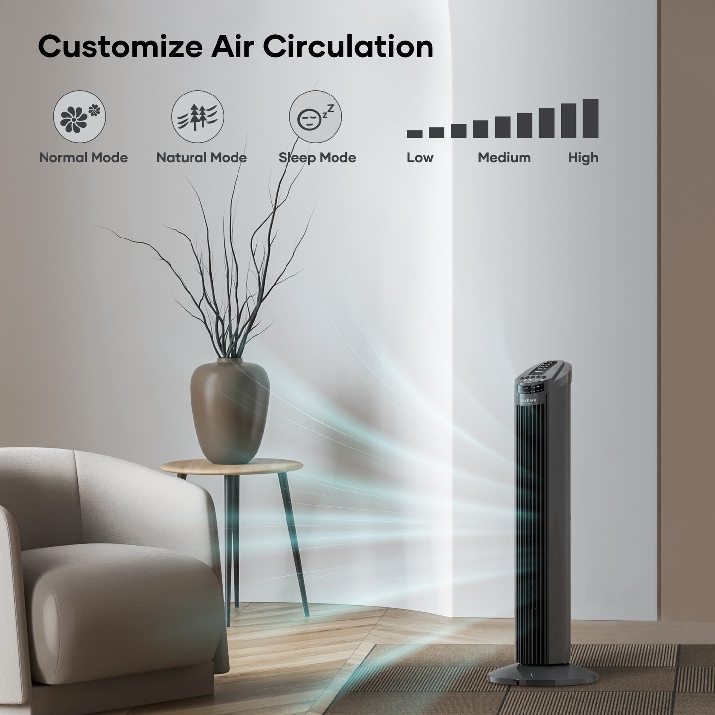 MaxKare 30" Tower Fan 70° Oscillating Fan Quiet Cooling Fan with Remote Control 3 Speeds 3 Wind Modes, 7.5H Timer for Bedroom, Dark Gray
