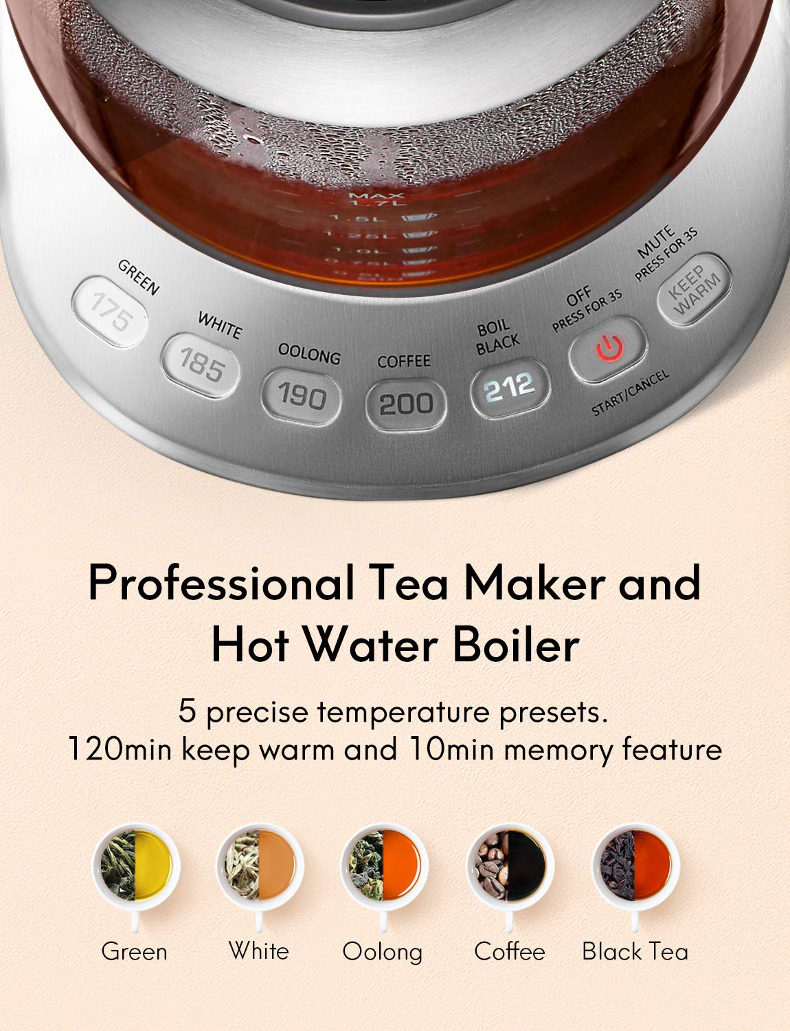 Load image into Gallery viewer, Electric Kettle Tea Maker, 1.7 L 2200 W, 120-Min Keep Warm, 5 Temperature Setting, Boil Dry Protection, Made of Food-Grade Stainless Steel and Heat-Resistant Glass, BPA Free
