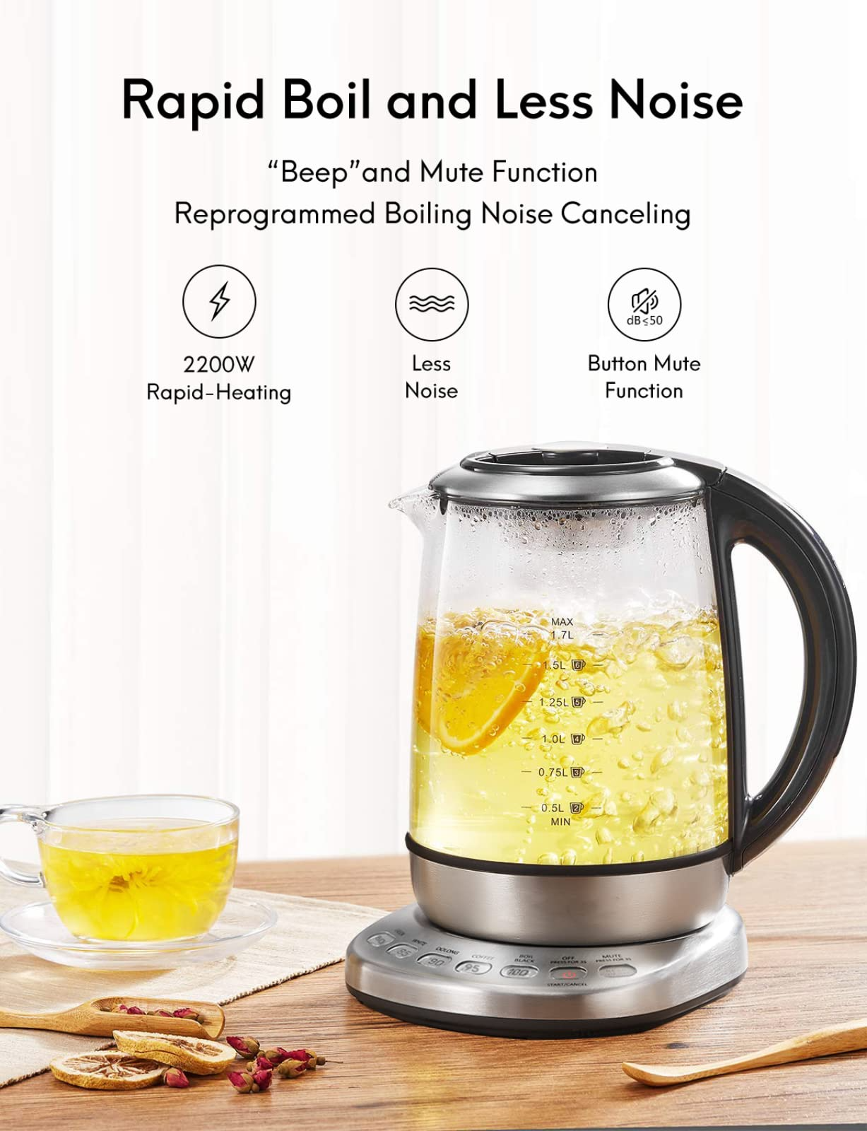 Load image into Gallery viewer, Electric Tea Kettle Water Boiler Glass Tea Kettle with Auto Shut-Off &amp; 60 Mins Auto Keep Warm &amp; 5 Variable Presets &amp; Boil-Dry Protection &amp; Detachable Tea Infuser, 1.7L &amp; 2200 W - Stainless Steel
