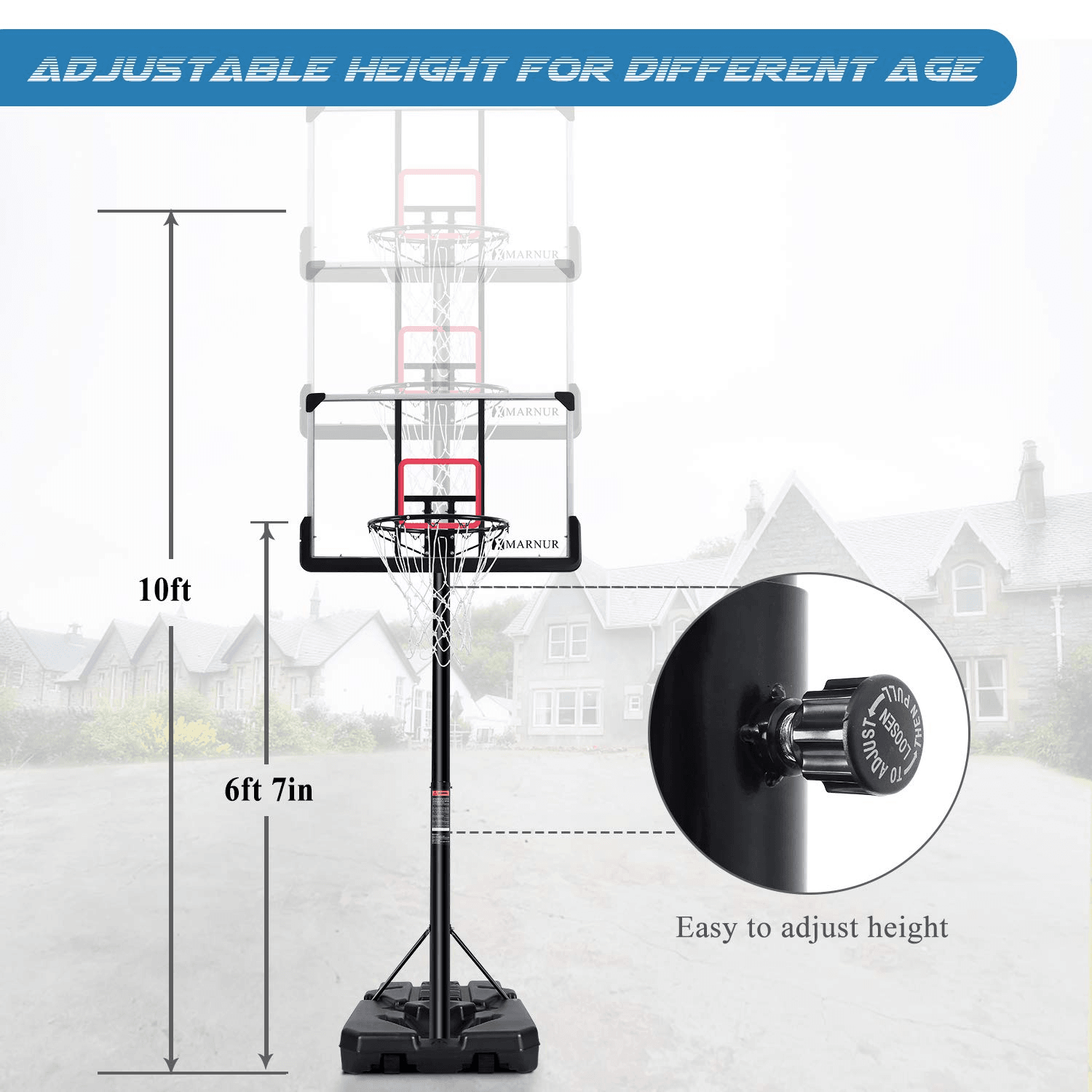 Load image into Gallery viewer, MARNUR Basketball Hoop Basketball System Portable Basketball Goal Basketball Equipment with Adjustable Height with Big Backboard &amp; Wheels and Large Base for Youth and Adults Family Indoor Outdoor - NAIPO
