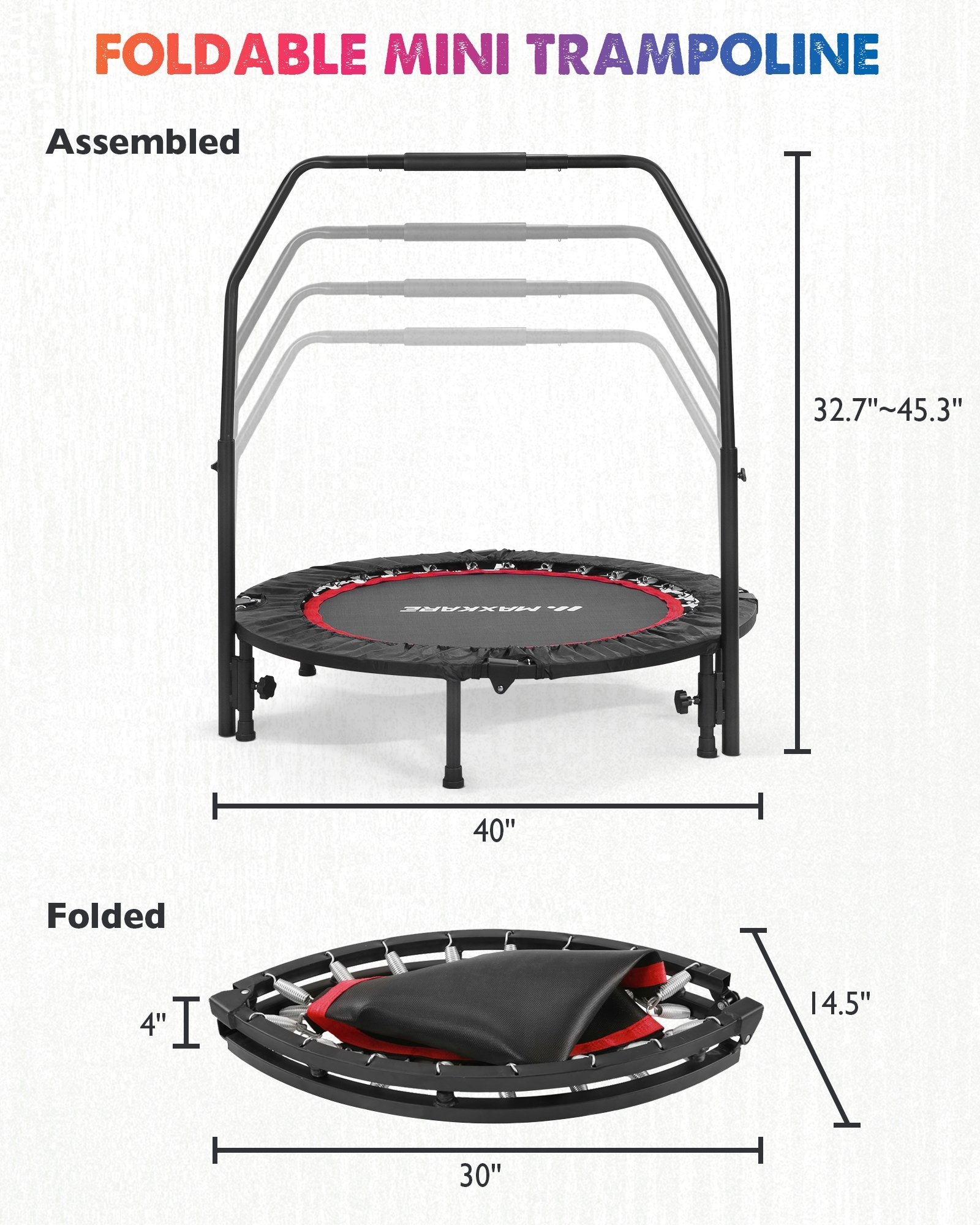 Load image into Gallery viewer, MaxKare 40” Fitness Trampoline-Exercise Rebounder for Indoor &amp; Outdoor Foldable Design w. Adjustable Handle - NAIPO

