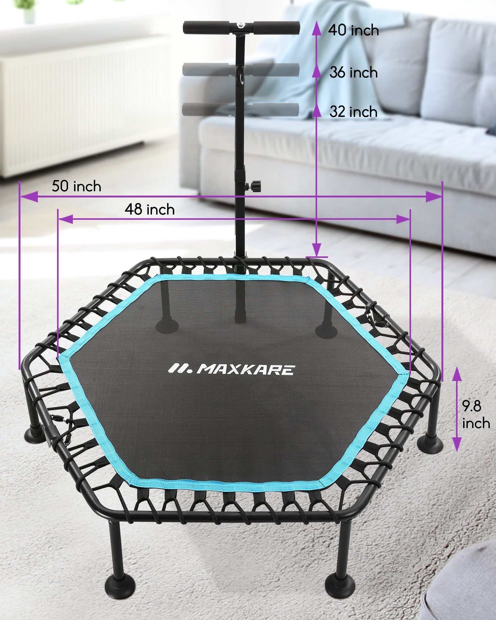 Load image into Gallery viewer, MaxKare 50&quot; Mini Trampoline Fitness Hexagon Exercise Rebounder, 3-Level Adjustable Foam Handle for Adults Kids Toddler Indoor Home Workout, 220 LBS Capacity - NAIPO
