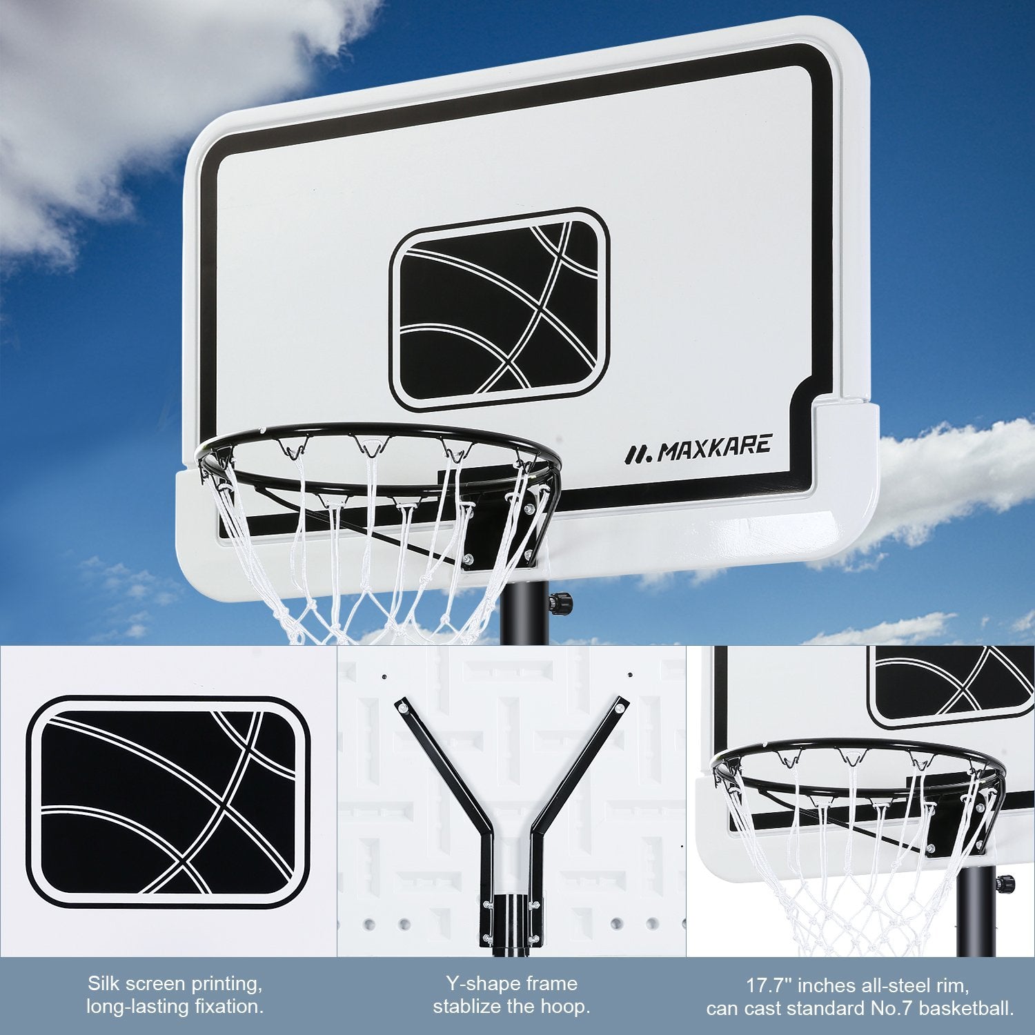 Load image into Gallery viewer, MaxKare Basketball Hoop Outdoor Portable Basketball Goals Adjustable Height 7ft 6in-10ft for Adults Teenagers, 44 Inch Premium Backboard + 2 Wheels + Strong Base - NAIPO
