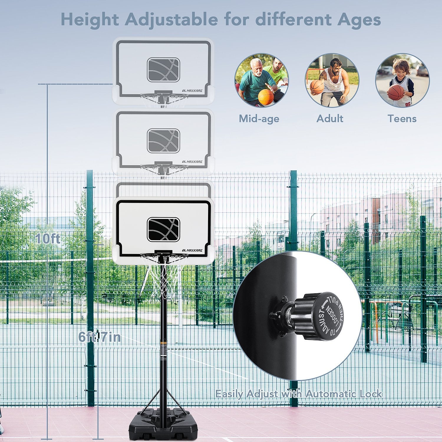 Load image into Gallery viewer, MaxKare Basketball Hoop Outdoor Portable Basketball Goals Adjustable Height 7ft 6in-10ft for Adults Teenagers, 44 Inch Premium Backboard + 2 Wheels + Strong Base - NAIPO
