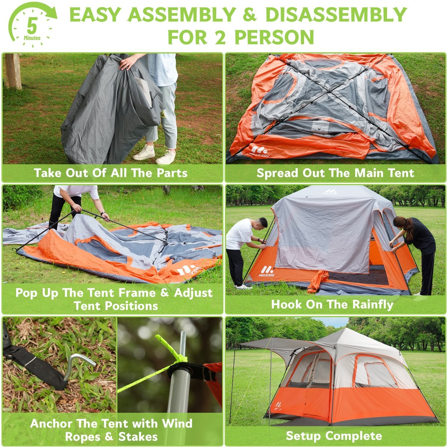Load image into Gallery viewer, MaxKare Instant Setup Cabin Tent, Camping Tent for 6-8 person w. Water-Resistant Rainfly, 60 Seconds Instant Setup Poles, Stakes, Floor Mat - 10*10*7ft - NAIPO
