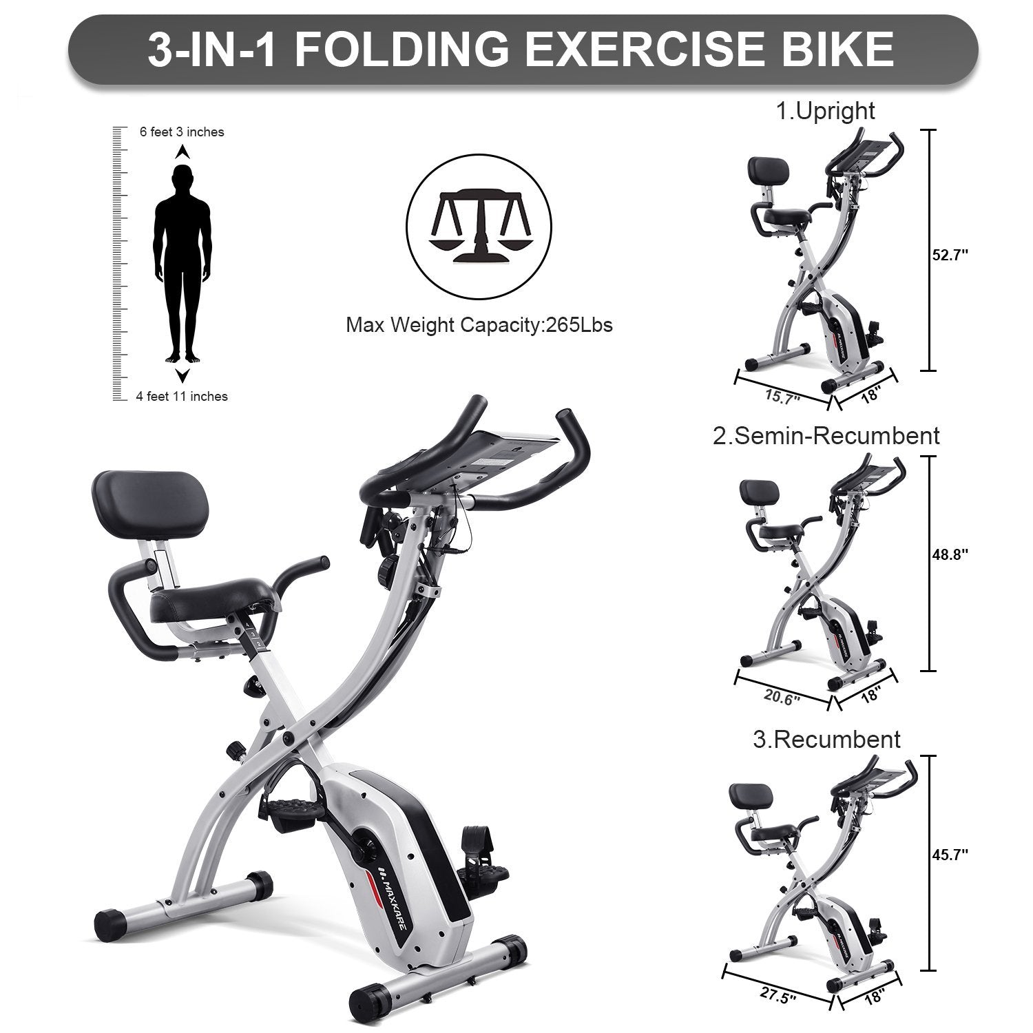 Load image into Gallery viewer, Maxkare Upright Folding Exercise Bike Stationary Recumbent Magnetic Indoor Cycling Bike with Arm Resistance Bands/Adjustable Resistance/LCD Monitor for Home Use - NAIPO

