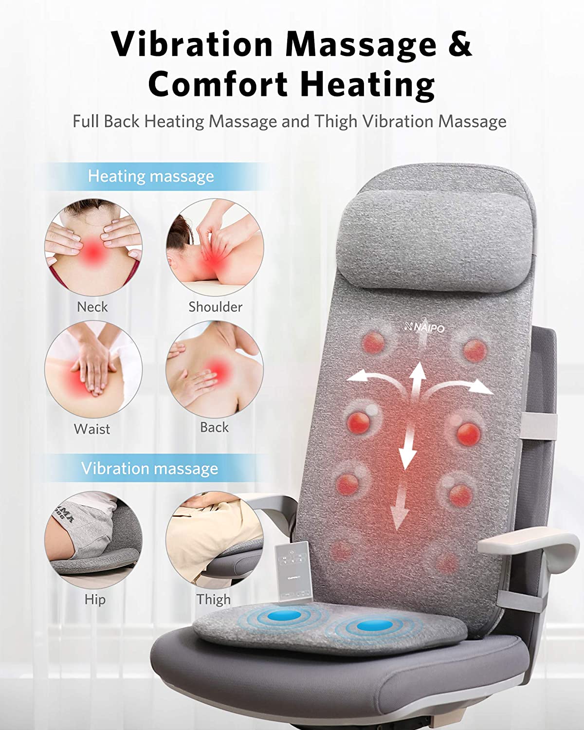 Load image into Gallery viewer, Naipo Shiatsu Massage Cushion with Heat and Vibration, Massage Chair Pad to Relax Full Back, Shoulders, Lumbar and Thighs, Stable and Portable Back Massager Mat for Home, Office Use, Grey - NAIPO

